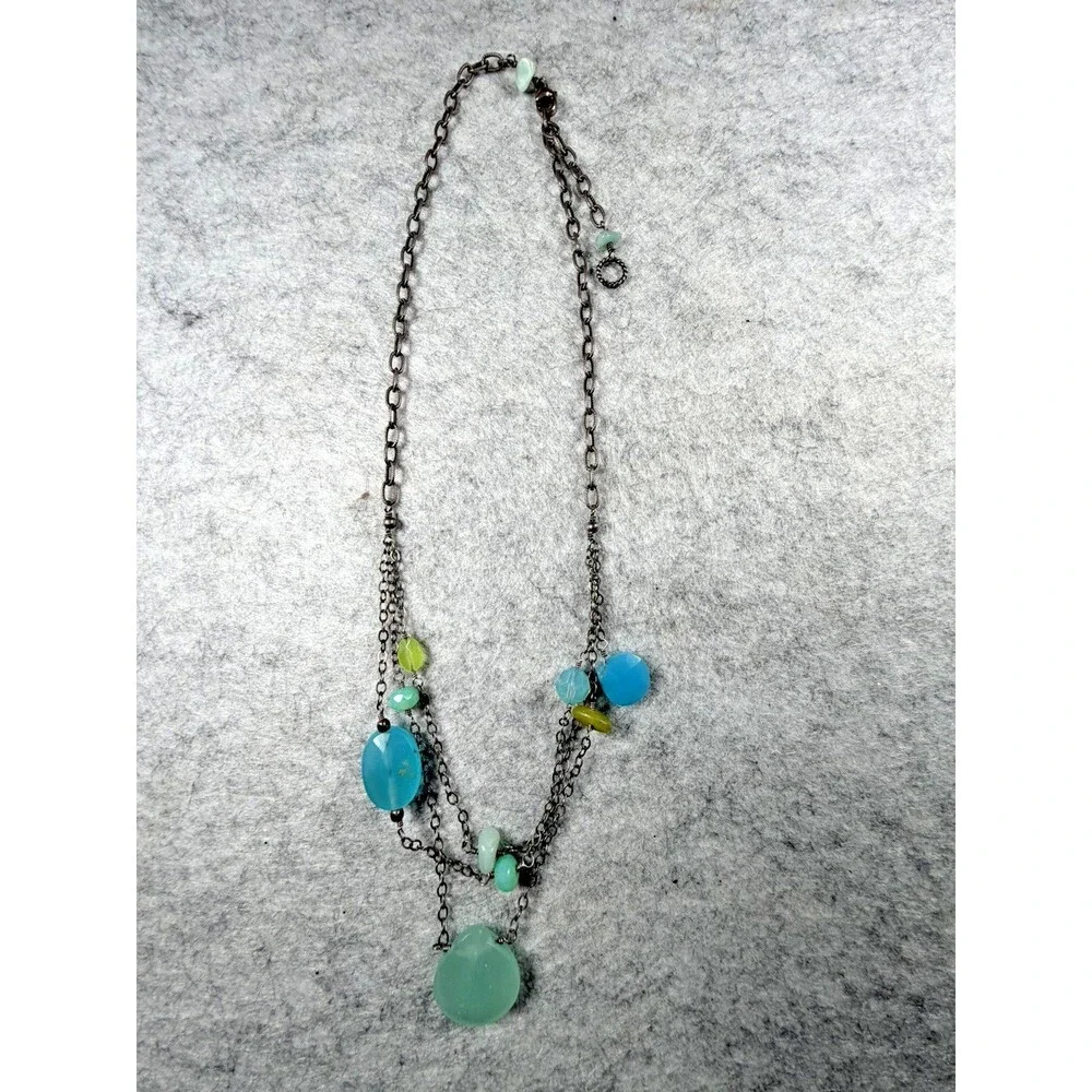 Vintage Y2K Boho Layered Chain Necklace Aqua Green Beads Artisan Statement